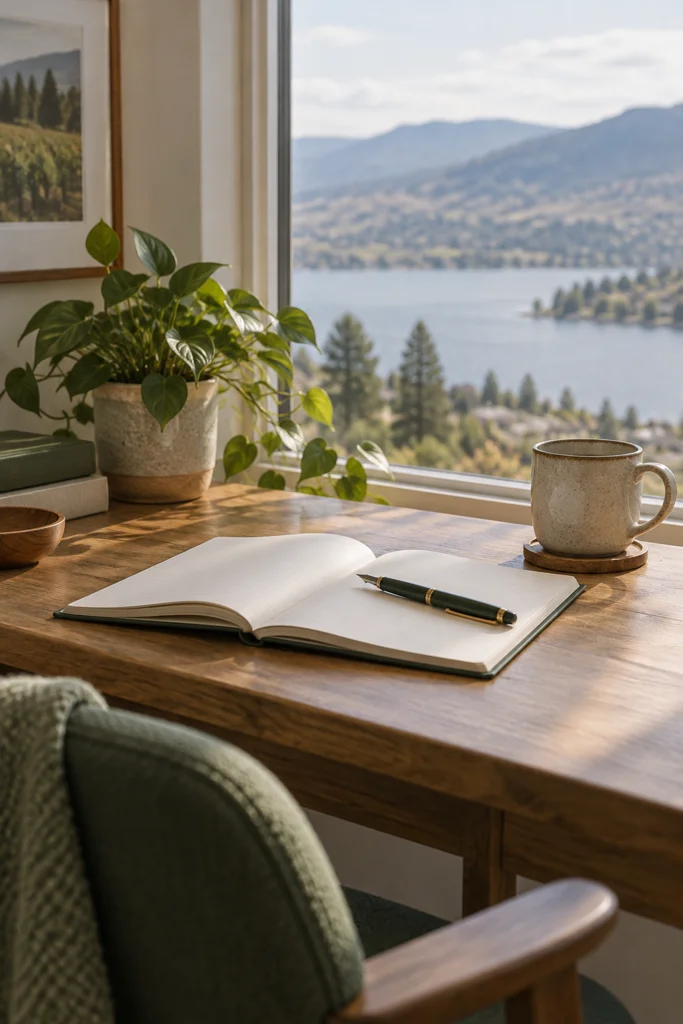Bright home office desk overlooking Okanagan Lake